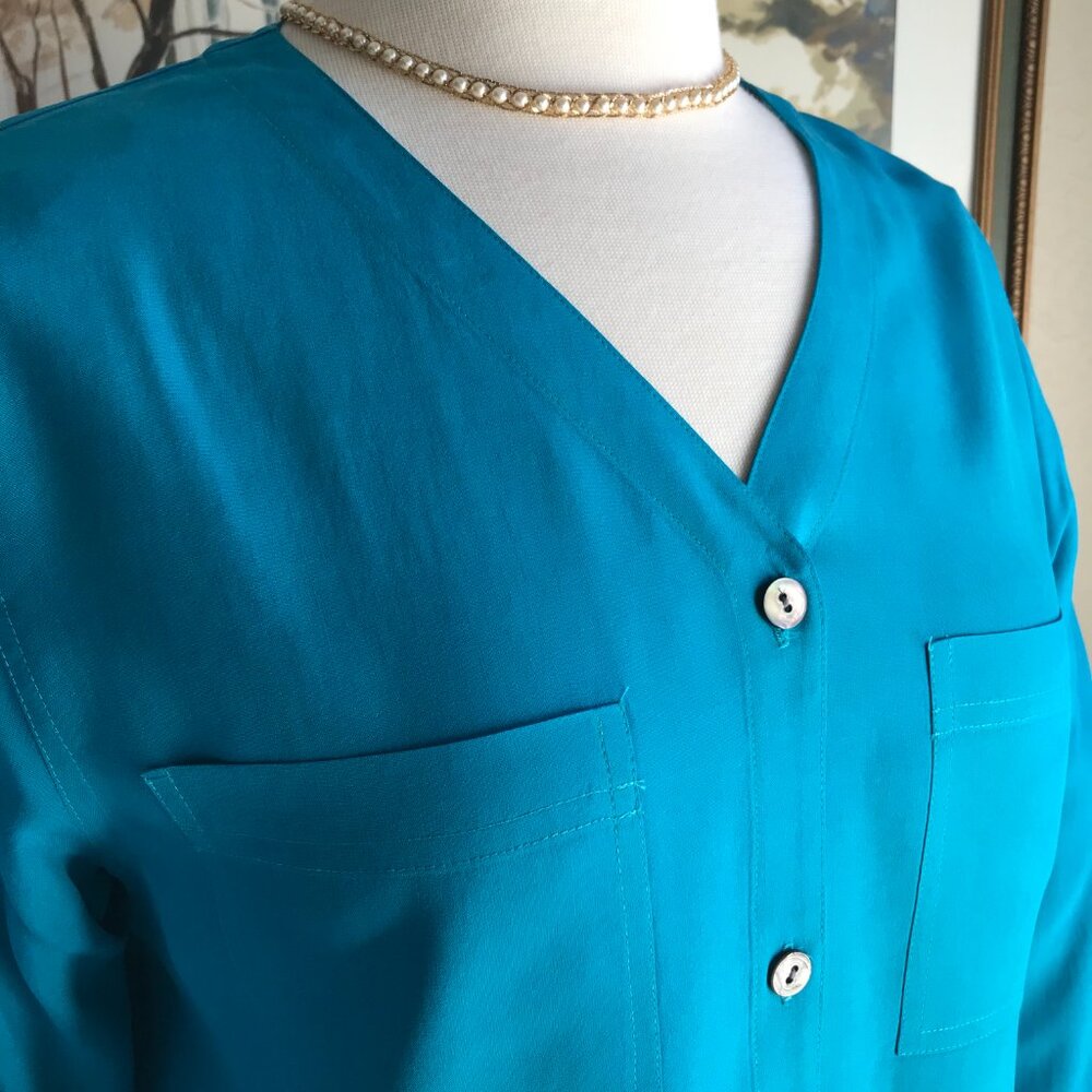 Valerie Stevens Petite Pure Silk Turquoise Blouse - Size PM - Picture 7 of 14